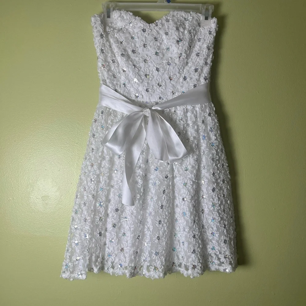 Elias White Strapless Floral Dress with Satin Bow